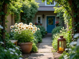 Twilight Garden Corner - Intimate corner garden setting with white 'Coconut Ice' sunflowers and night-blooming jasmine, copper garden lanterns casting warm light, cottagecore style