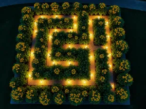 Twilight Garden Aerial - Drone shot of an evening garden maze pattern created with pale 'Ice Queen' sunflowers, illuminated pathways visible from above, creating geometric patterns