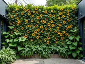 Urban Jungle Sunflower Wall - Wide-angle view of a living wall combining dwarf 'Short Stuff' sunflowers with trailing plants and ferns, creating a lush urban jungle aesthetic