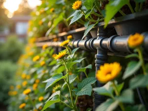 Urban Sunflower Living Wall Close-up - Close-up detail of a self-watering vertical garden system with dwarf 'Teddy Bear' sunflowers, showing intricate irrigation tubes and lush green foliage, soft morning light