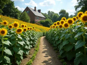 Vertical Sunflower Garden - Wide angle view of a terraced garden with sunflowers of graduating heights, from dwarf varieties in front to mammoth varieties in back, architectural photography style