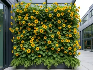 Vertical Sunflower Wall Terrace - A stunning vertical garden wall with multiple tiers of dwarf sunflowers cascading downward, featuring bright yellow 'Suntastic' and 'Sunspot' varieties against a modern metallic framework, photorealistic style