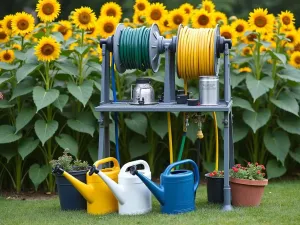 Water Station Setup - Professional garden water station with mounted hose reels, fill-up station, and collection of watering cans against a backdrop of blooming sunflowers, practical garden photography