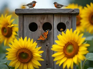 Wildlife Watching Station - Close-up of a wooden blind with viewing holes at different heights, surrounded by Velvet Queen sunflowers, birds and butterflies visible, nature photography style