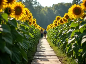 Winding Sunflower Path - Ground-level perspective of a curving garden path through towering sunflowers, wooden pathway meandering between rows of graduated heights, dappled sunlight filtering through flowers, people walking for scale