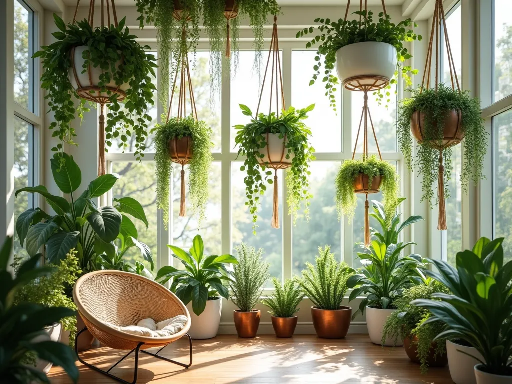 Ethereal Sunroom Hanging Garden - A sun-drenched modern sunroom with soaring cathedral windows, featuring a mesmerizing display of hanging plants cascading at various heights. Natural light streams through the glass, creating a dreamy afternoon atmosphere. Elegant macramé plant hangers in cream and white hold an abundance of lush trailing plants. Emerald pothos vines cascade dramatically alongside delicate string of pearls and graceful spider plants. The hanging garden creates a natural canopy effect, with copper and white ceramic planters adding contemporary elegance. A cozy rattan chair sits below, surrounded by the gentle dance of leaf shadows. Photorealistic, soft natural lighting, architectural photography style.