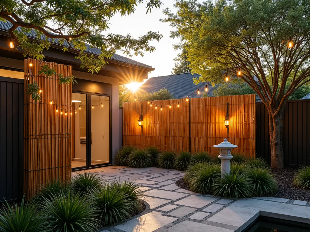 Serene Bamboo Roll-Up Fence at Sunset - A wide-angle twilight shot of a modern zen garden featuring elegant natural bamboo roll-up screens creating a privacy boundary. The screens are mounted between sleek black metal poles, casting gentle shadows across a peaceful stone garden. Golden hour sunlight filters through the bamboo slats, creating a warm, dappled light effect on the ground. In the foreground, ornamental grasses and Japanese maple trees add depth, while string lights delicately draped above create a magical ambiance. The bamboo screens are partially rolled, showcasing their versatility, with Asian-inspired landscaping elements including stone lanterns and a small water feature completing the serene atmosphere. Shot with a 16-35mm lens at f/2.8, ISO 400, capturing the rich textures and atmospheric lighting.