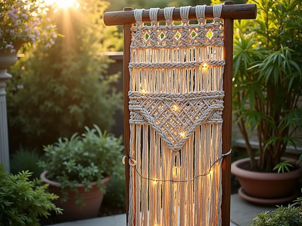 Bohemian Macramé Garden Screen at Sunset - A serene garden scene at golden hour, featuring an elegant 7-foot-tall freestanding macramé screen panel with intricate geometric patterns and delicate fringe details. The natural cotton rope screen is mounted on a weathered teak wooden frame, creating a sophisticated room divider effect in the garden. Behind the screen, potted bamboo and flowering jasmine create soft shadows through the woven patterns. String lights are intertwined within the macramé, casting a warm ethereal glow. Shot with shallow depth of field focusing on the detailed knotwork, with the background garden softly blurred. The scene is captured from a 45-degree angle to showcase both the screen's texture and its function as a stylish boundary. Photographed with natural sunset lighting highlighting the organic textures of the rope work. 16-35mm lens at 24mm, f/2.8, ISO 400.