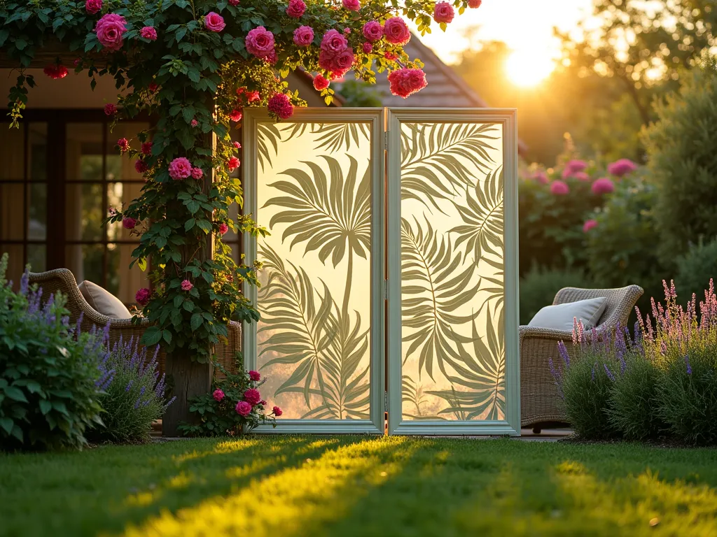 Elegant Botanical Screen Garden Divider - A serene garden scene at golden hour, featuring a stunning 6-foot-tall weather-resistant decorative screen panel with intricate botanical prints of ferns, monstera leaves, and flowering vines in muted sage green and cream colors. The panel casts artistic shadows on a well-manicured lawn, while actual climbing roses and jasmine begin to weave around its edges. A cozy seating area with wicker furniture is partially visible behind the screen, creating depth and privacy. Soft evening light filters through the panel's design, creating a magical interplay of light and shadow. Shot with shallow depth of field focusing on the detailed botanical patterns, with a blurred cottage garden backdrop featuring lavender and ornamental grasses. 16-35mm lens at f/2.8, capturing the golden sunset glow.