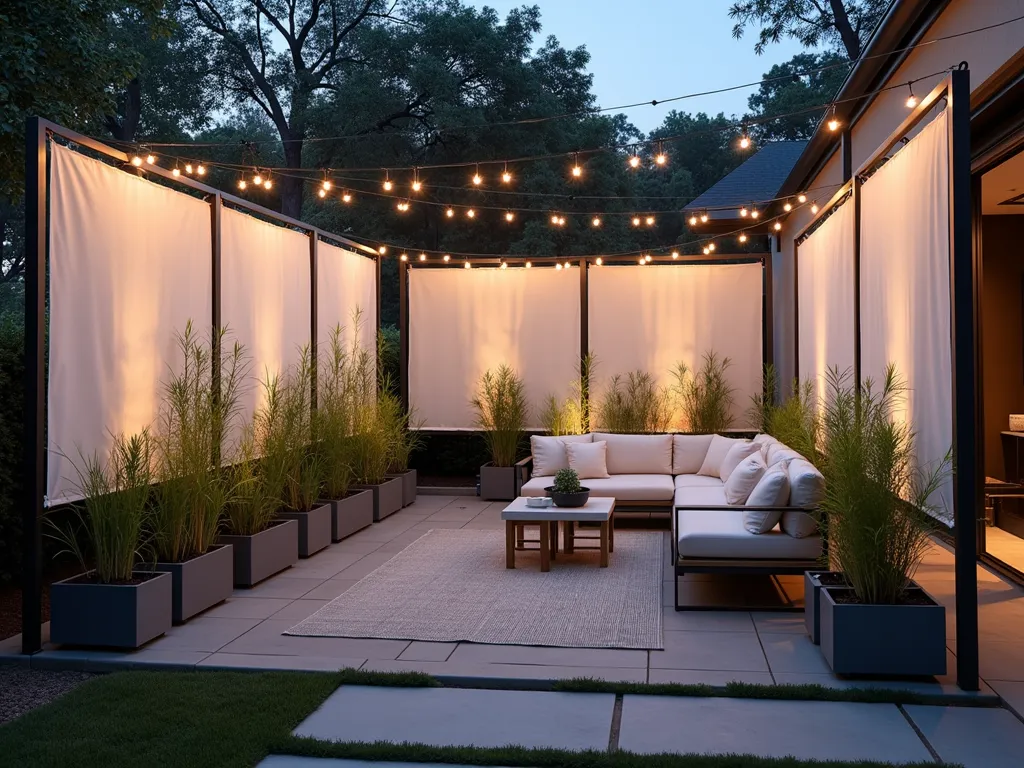 Elegant Canvas Privacy Screen in Modern Garden - A tranquil twilight scene of a modern backyard patio featuring elegant white canvas privacy screens mounted on sleek metal posts, creating a resort-like ambiance. The screens are gently backlit, casting soft shadows on a contemporary outdoor lounge area with modern furniture. Potted bamboo plants line the screens, while string lights weave overhead creating a magical atmosphere. The canvas screens feature a subtle geometric pattern and billow slightly in the evening breeze, photographed from a wide angle to showcase the entire outdoor living space with shallow depth of field.