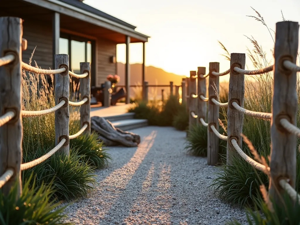 Coastal Garden Rope Fence at Sunset - A stunning wide-angle DSLR photograph of a modern coastal garden at golden hour, featuring an elegant temporary fence system made of weathered wooden posts and natural manila rope. The posts, standing 4 feet tall and spaced 6 feet apart, are connected by two parallel rows of thick nautical rope creating a casual boundary. The garden showcases coastal ornamental grasses like Sea Oats and Blue Lyme Grass swaying in the breeze, with a contemporary wooden deck in the background. Soft evening light filters through the rope barrier, casting intricate shadows across a crushed shell pathway. Decorative beach elements like weathered driftwood and large specimens of Blue Fescue grass complete the maritime atmosphere. The fence's open design maintains clear sightlines while subtly defining the space, photographed with perfect depth of field at f/8, highlighting both the detailed rope texture and the broader garden landscape.