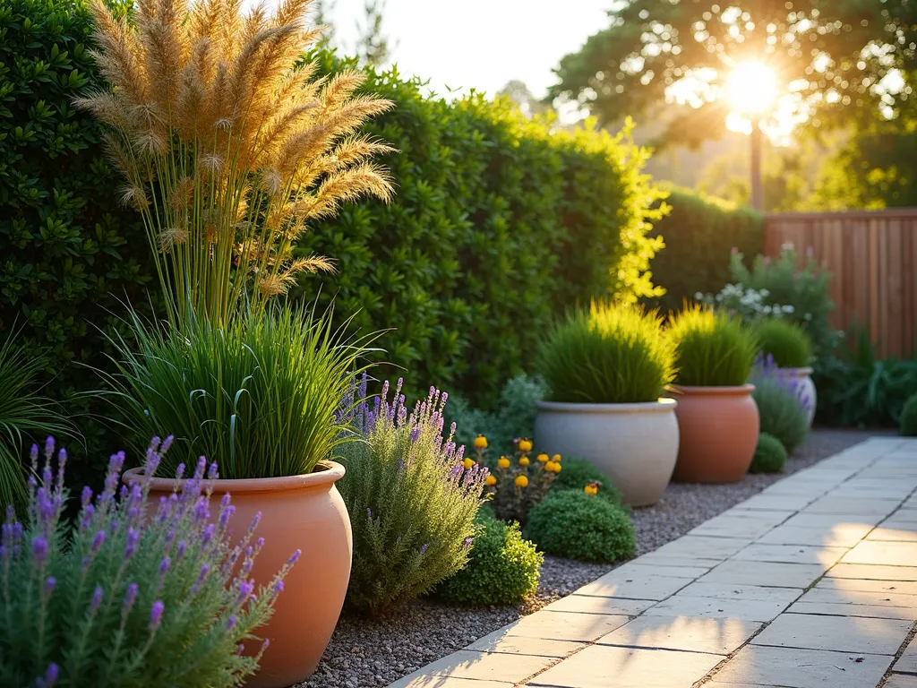 Elegant Container Garden Privacy Screen - A stunning garden scene at golden hour featuring a strategic arrangement of large decorative containers creating a natural boundary. Tall ornamental grasses, bamboo, and flowering shrubs of varying heights (4-6 feet) create a lush, layered privacy screen. The containers, a mix of modern concrete and classic terracotta planters, are artfully positioned along a stone patio edge. Backlit by warm evening sun, casting gentle shadows across the patio. The arrangement includes Japanese Forest Grass, Golden Bamboo, and Butterfly Bush, with colorful Lavender and Russian Sage as mid-height fillers. Shot with shallow depth of field highlighting the textural contrast of the foliage. Professional DSLR photograph with careful attention to composition and natural lighting, f/8, ISO 100, 1/125 sec.