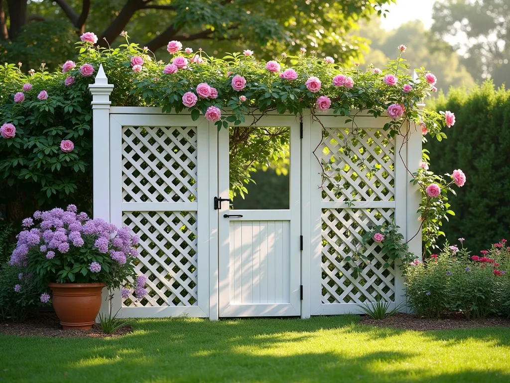 Elegant Lattice Garden Screen with Climbing Roses - A sun-dappled garden scene featuring white wooden lattice panel systems arranged in an L-shape configuration, creating a sophisticated boundary. The lattice panels are mounted on decorative posts and adorned with climbing pink roses and purple clematis in full bloom. Late afternoon sunlight filters through the panels, casting intricate shadow patterns on a well-maintained lawn. A cozy patio seating area is partially visible behind the lattice, suggesting privacy without complete isolation. The lattice structure stands approximately 7 feet tall, with architectural details at the top, while delicate tendrils of climbing vines weave through the diagonal patterns. A rustic terracotta pot with cascading flowers sits at the base, photorealistic style, soft natural lighting, 16k resolution.