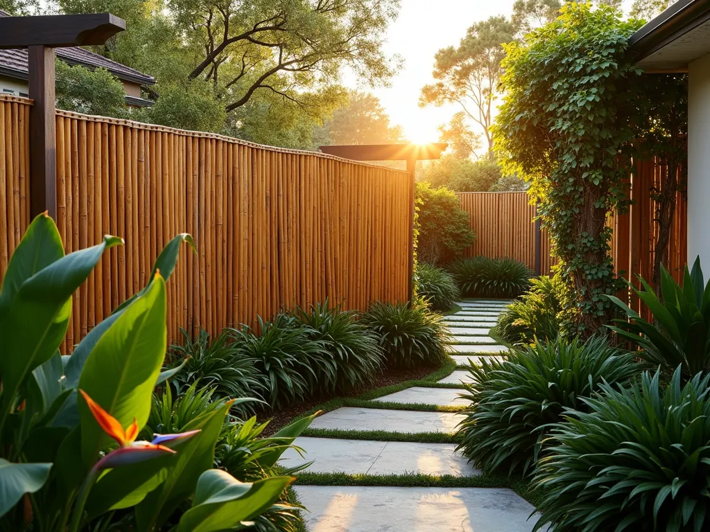 Elegant Reed Screen Privacy Garden Boundary - A serene backyard garden scene at golden hour, featuring a stylish natural reed screen fence creating a private boundary. The 6-foot-tall bamboo reed screening is mounted between sleek wooden posts, casting gentle shadows across a lush garden path. Tropical plants like bird of paradise and ornamental grasses sway in front of the fence, while climbing jasmine begins to weave through the reeds. The warm evening sunlight filters through the reed screening, creating a magical dappled effect on the stone pathway below. Shot with a wide-angle lens to capture the full height and length of the fence, with the sun positioned behind to highlight the natural texture of the reeds. Professional photography, ultra-detailed, architectural digest style.