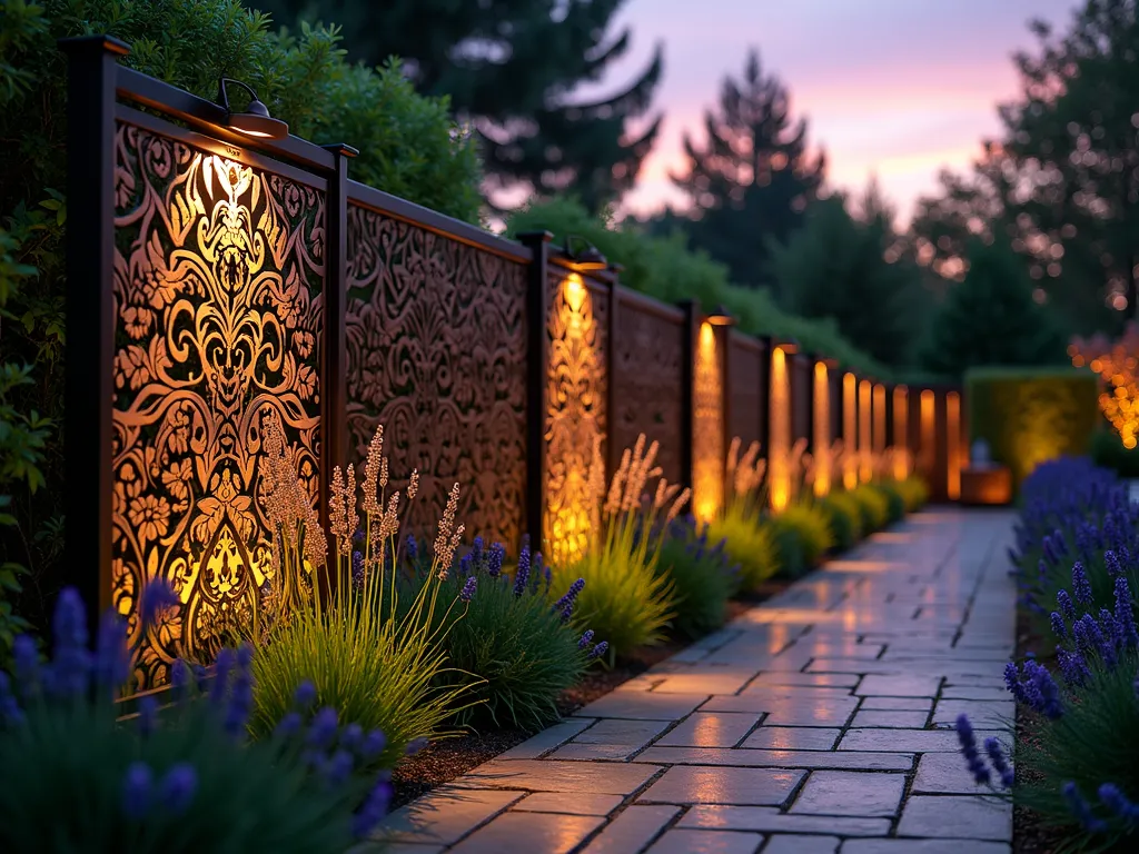 Elegant Laser-Cut Metal Garden Screen at Dusk - A stunning twilight garden scene featuring a 6-foot-tall, freestanding laser-cut metal panel fence with an intricate floral and geometric pattern. The bronze-finished panels are mounted in modern black frames, casting elaborate shadows across a stone patio. Soft landscape lighting illuminates the panels from both sides, creating a magical interplay of light and shadow. In the foreground, ornamental grasses and lavender sway gently, while climbing jasmine begins to weave through designated spaces in the panels. Shot with depth of field focusing on the detailed metalwork, capturing the warm glow of garden lights and the subtle purple-orange sunset sky in the background. Photographed with a 16-35mm lens at 24mm, f/2.8, ISO 400, creating a dreamy bokeh effect.