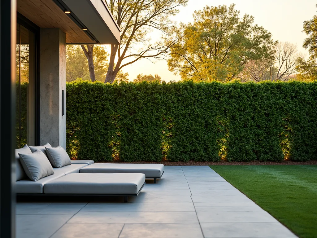 Modern Artificial Hedge Panel Privacy Screen - A stunning wide-angle shot of a modern backyard patio at golden hour, featuring sleek artificial hedge panels mounted on contemporary metallic frames creating an elegant privacy boundary. The 8-foot-tall emerald green panels create a seamless, natural-looking wall effect, with soft warm sunlight filtering through nearby trees casting gentle shadows on the hedge surface. A modern lounge area with minimalist furniture sits in the foreground, while climbing LED lights are tastefully woven through the artificial foliage, photographed with shallow depth of field highlighting the realistic texture of the boxwood-style leaves. The composition showcases the clean lines and maintenance-free appeal of the artificial hedge solution, shot with professional lighting emphasizing the dimensional quality of the artificial foliage.