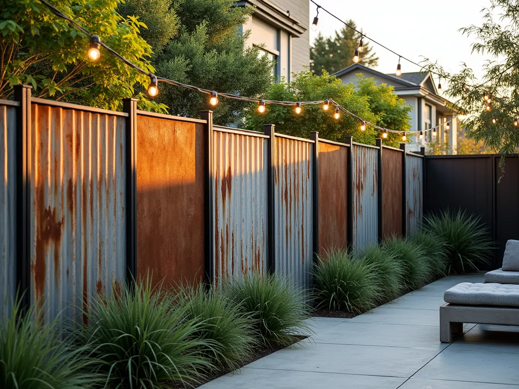 Modern Corrugated Metal Garden Fence at Sunset - A stylish contemporary garden boundary featuring weathered corrugated metal panels in varying shades of gray and rust, mounted on sleek black metal posts. The wide-angle shot captures the fence at golden hour, with warm sunset light casting dramatic shadows across the textured metal surface. Modern architectural plants like tall bamboo and ornamental grasses create soft contrast against the industrial materials. String lights draped along the top of the fence add ambiance, while a modern concrete patio and minimalist outdoor furniture complete the urban garden scene. The metal panels show a beautiful natural patina development, with subtle variations in color and texture.