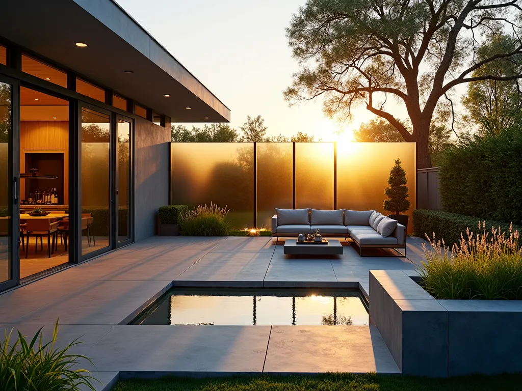 Modern Glass Panel Garden Divider at Sunset - A stunning wide-angle view of a contemporary backyard garden at golden hour, featuring elegant tempered glass panel dividers with sleek aluminum frames. The panels, alternating between clear and frosted sections, create sophisticated boundaries between different garden zones. Soft sunset light filters through the glass, casting ethereal shadows across a modern patio space. Modern outdoor furniture and carefully manicured ornamental grasses provide context, while strategic LED uplighting prepares for evening ambiance. The glass panels reflect the warm sunset colors while maintaining visual flow through the space. Photographed in high resolution with dramatic lighting and depth of field.