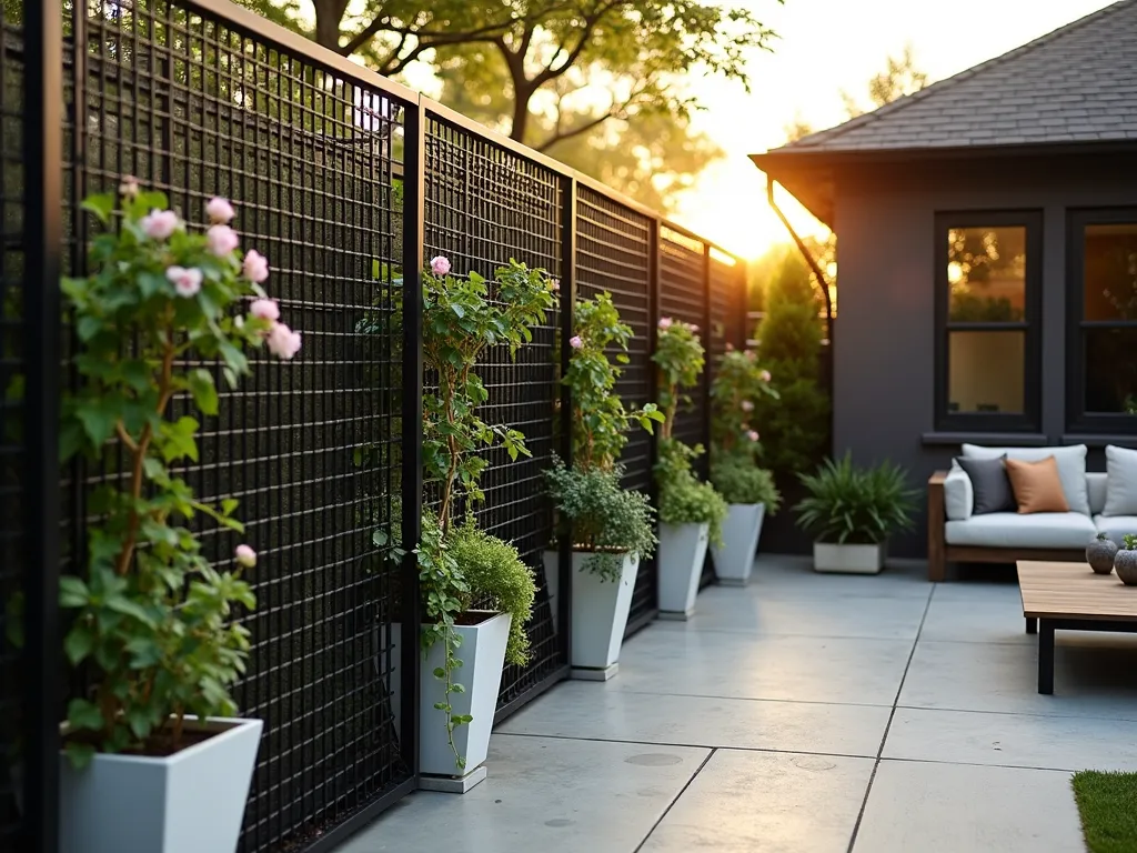 Modern Grid Panel Garden Divider with Climbing Plants - A stylish backyard scene at golden hour featuring sleek black metal grid panels arranged in a zigzag pattern, creating an artistic boundary. The 6-foot-tall panels are secured with minimalist weighted concrete bases. Climbing jasmine and potted ivy cascade elegantly through the grid sections, while modern geometric hanging planters in matte white and copper tones display trailing succulents. Soft evening light filters through the panels casting dramatic shadows on a contemporary patio space. Shot with shallow depth of field highlighting the textural interplay between industrial metal and organic plant life. A modern outdoor sofa and coffee table visible in the background complete the urban garden aesthetic.