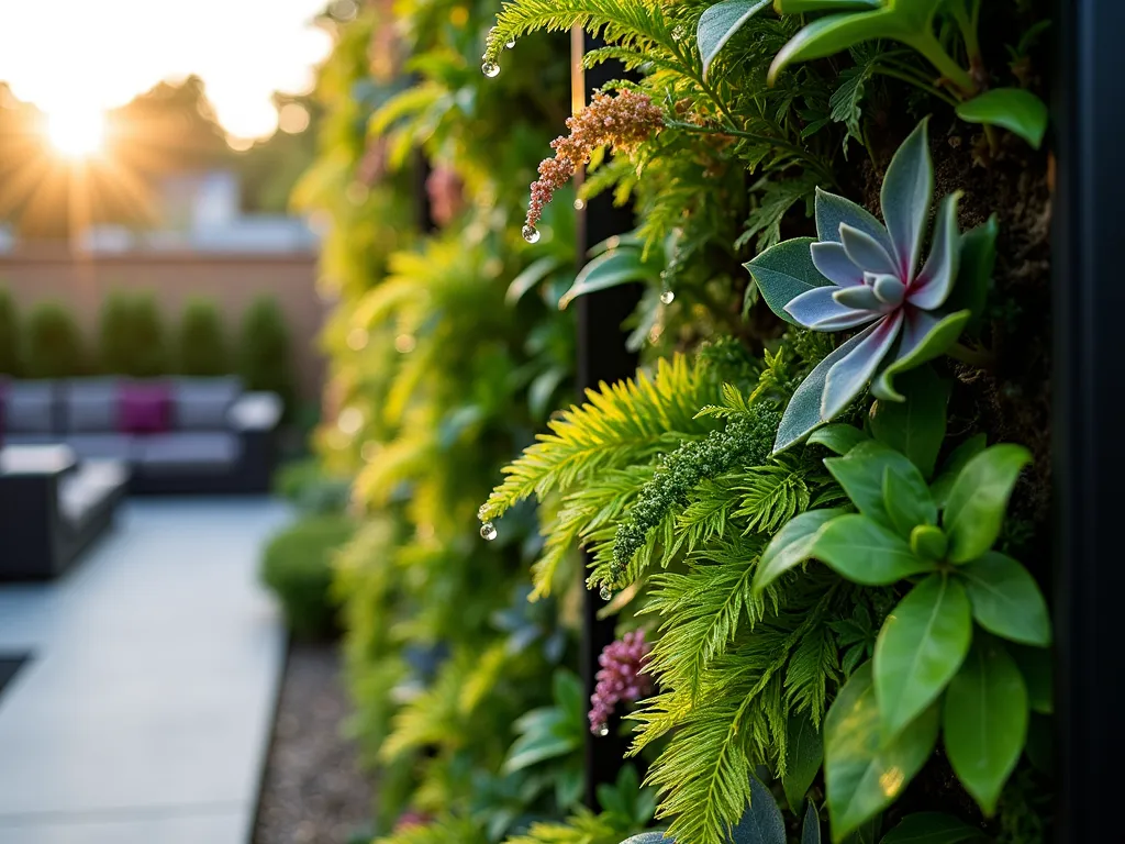 Modern Living Wall Privacy Screen - A sophisticated modular living wall system in a contemporary urban backyard, photographed during golden hour. The 8-foot-tall freestanding green panels feature a lush vertical garden with cascading ferns, flowering perennials, and architectural succulents. Built-in irrigation systems visible with copper fixtures. Dramatic side lighting highlights the textural contrast between different plant layers. The portable panels create a natural privacy screen against neighboring properties, with sleek black metal frames that complement the modern patio design. Captured with shallow depth of field focusing on the verdant plant tapestry, while the background shows a blurred modern seating area. Dew drops glisten on leaves, creating a sense of freshness and vitality.