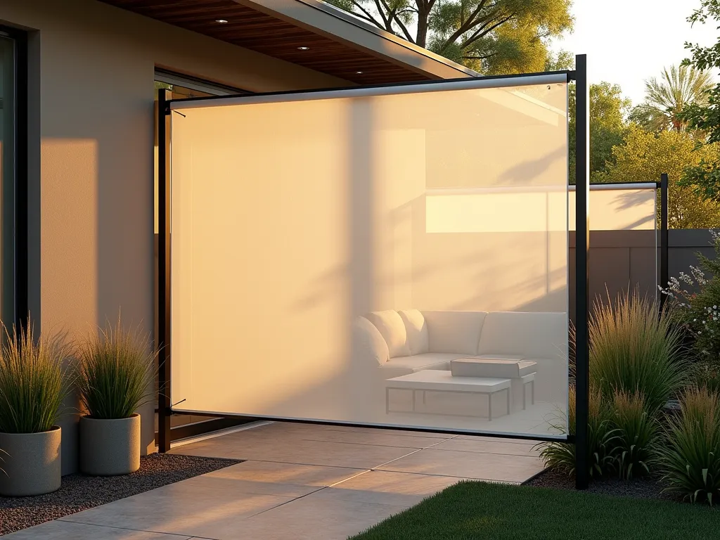 Modern Mesh Garden Screen at Sunset - A stylish backyard scene at golden hour featuring a modern translucent white mesh fabric screen elegantly stretched between sleek aluminum posts. The 6-foot-tall screen creates a subtle boundary while allowing filtered light to pass through. A contemporary patio space is visible behind the screen, with modern outdoor furniture and potted ornamental grasses catching the warm evening light. The mesh screen gently billows in the breeze, creating an ethereal effect while maintaining privacy. Strategic uplighting highlights the screen's texture, casting intricate shadow patterns on the surrounding garden landscape.