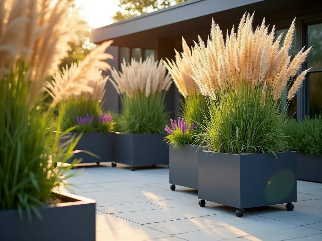 Modern Mobile Garden Privacy Screen - A serene late afternoon garden scene featuring sleek, modern rectangular planter boxes on discrete wheels arranged in a curved formation. The planters, finished in contemporary charcoal gray, are filled with towering ornamental grasses, including Feather Reed Grass and Japanese Forest Grass, reaching 6 feet in height. Soft golden sunlight filters through the swaying grasses, creating dynamic shadows on a modern patio space. Wide-angle shot capturing the entire arrangement with a modern house facade visible in the background. The planters include cascading elements like Purple Fountain Grass and variegated Lilyturf for layered interest. Shot with shallow depth of field highlighting the natural texture of the grasses against a slightly blurred background.