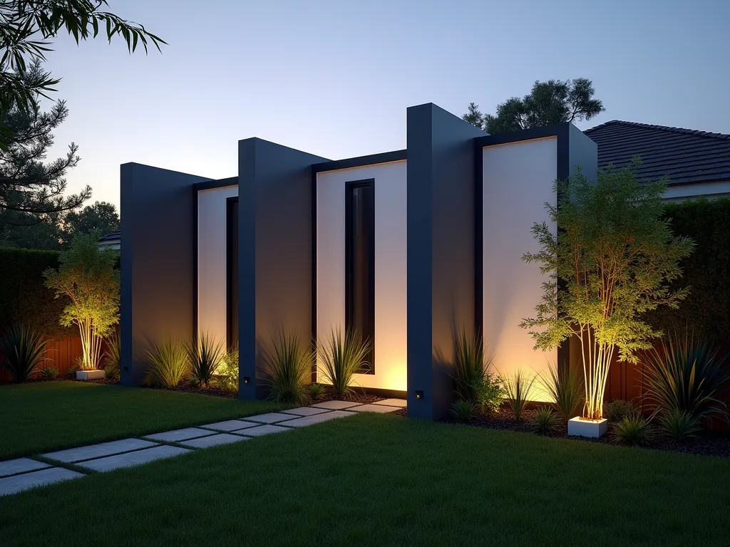 Modern Modular Garden Screen Configuration - A sophisticated dusk scene of a contemporary backyard featuring sleek modular garden screens in a geometric pattern, photographed with a wide-angle 16-35mm lens at f/2.8. The weather-resistant charcoal grey and white panels are artfully arranged in a zigzag formation, creating distinct outdoor rooms. Soft LED lighting illuminates the base of the screens, casting dramatic shadows on a manicured lawn. Ornamental grasses and bamboo plants provide natural contrast against the modern screens. The panels appear lightweight and easily movable, with visible interlocking mechanisms that hint at their reconfigurable nature. Warm evening light bathes the scene, highlighting the screens' architectural qualities and their role in defining intimate garden spaces.