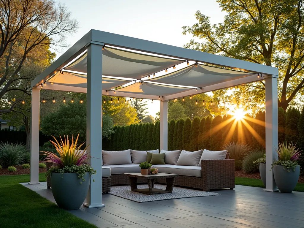 Modern Portable Privacy Pergola at Sunset - A stunning DSLR wide-angle shot of a contemporary freestanding pergola in a serene backyard garden setting at golden hour. The 8-foot-tall white aluminum pergola features flowing white and sage green weather-resistant fabric panels that create an intimate outdoor room. Natural light filters through the partially retracted canvas roof panels, casting dramatic shadows on the composite deck below. A cozy outdoor seating arrangement with plush grey cushions sits beneath the structure, surrounded by large decorative planters with cascading silver falls dichondra and purple fountain grass. Japanese maple trees in the background provide depth while string lights intertwined in the pergola's framework add a magical ambiance as the sun sets. The modular design of the pergola is evident through its clean lines and portable nature, while still maintaining an upscale, sophisticated appearance. Shot at f/8 to capture rich detail from the fabric's gentle movement in the breeze to the textural elements of the surrounding landscape.