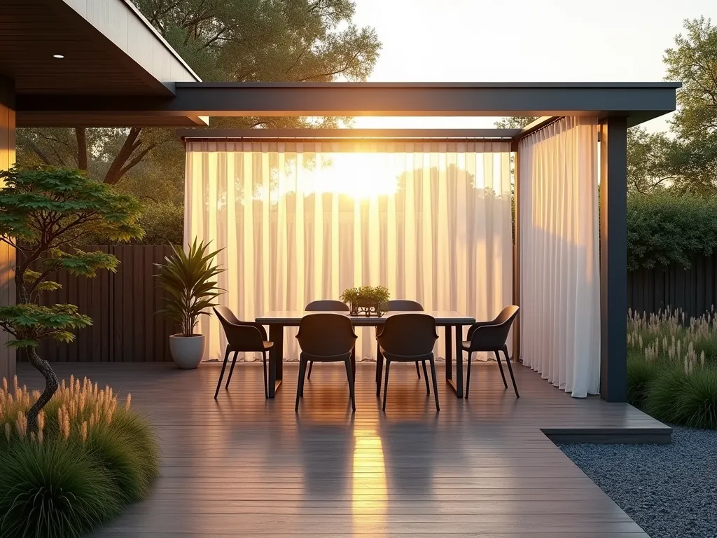 Modern Vinyl Strip Garden Divider at Sunset - A serene modern backyard garden scene at golden hour, featuring elegant translucent vinyl strip curtains mounted on sleek metallic frames. The strips, in subtle frost white, gently wave in the evening breeze, creating a ethereal boundary between a contemporary patio dining area and a zen garden. Soft sunset light filters through the strips, casting dancing shadows on a modern wooden deck. Japanese maple and ornamental grasses frame the scene, while modern outdoor furniture and minimalist planters complete the sophisticated outdoor space. Photorealistic, architectural photography style, with dramatic lighting and depth of field.