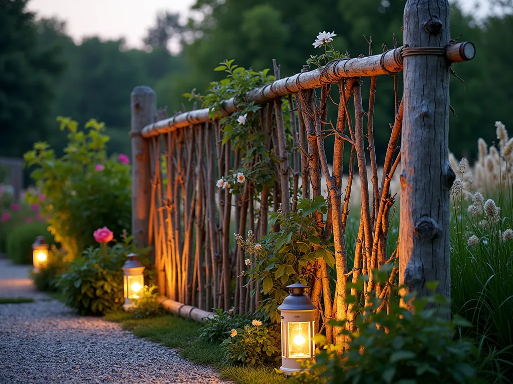 Natural Branch Garden Screen at Dusk - A serene garden scene at dusk featuring a handcrafted 6-foot-tall rustic fence screen made from intertwined birch branches and maple twigs, bound together with natural twine in a artistic lattice pattern. The screen partially separates a cottage garden, casting gentle shadows on a gravel pathway. Climbing jasmine and wild roses are beginning to weave through the branches, while solar lanterns tucked among nearby plants cast a warm, golden glow on the natural wood. The fence screen is photographed at a slight angle to showcase both its structural detail and its integration with the garden landscape. Soft bokeh effect in background shows blurred silhouettes of native grasses and flowering perennials.