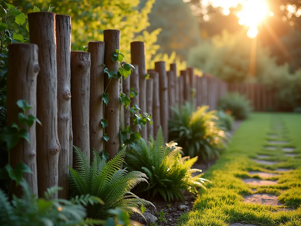 Rustic Log Section Garden Border - A serene twilight garden scene featuring a creative temporary fence made from vertical log sections of varying heights, arranged in an artistic pattern. The logs, weathered and natural, stand 4-5 feet tall and are partially buried in the ground, creating a rhythmic boundary. Shot at golden hour with warm sunlight filtering through, casting long shadows across a lush garden path. The fence borders a woodland-style garden with ferns and hostas at its base, while climbing vines begin to weave between the log sections. Captured with a wide-angle perspective showing the full scope of the natural fence installation, with shallow depth of field highlighting the rich texture of the bark. Soft bokeh effect in the background reveals a misty garden setting with dappled light.