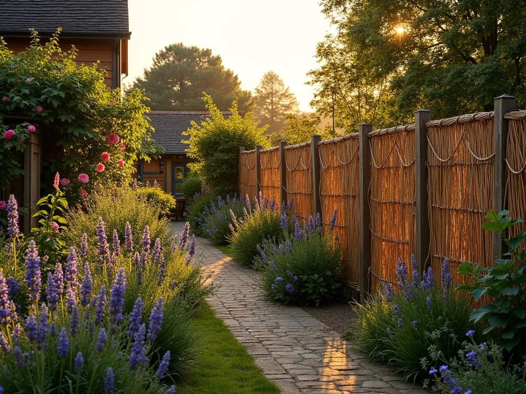 Rustic Willow Hurdle Garden Screen - A stunning dusk scene of a cottage garden bordered by natural willow hurdle fence panels, photographed in warm golden hour light. The intricately woven willow panels create elegant, temporary boundaries between garden spaces, standing 6 feet tall with a rich honey-brown color. The panels are secured with discrete wooden posts and complemented by climbing roses and flowering clematis. In the foreground, a informal cottage garden path winds through blooming lavender and sage, while the willow hurdles cast delicate shadows across the garden. The scene is captured in a wide-angle perspective, showing how the panels naturally blend with the landscape while providing stylish separation.