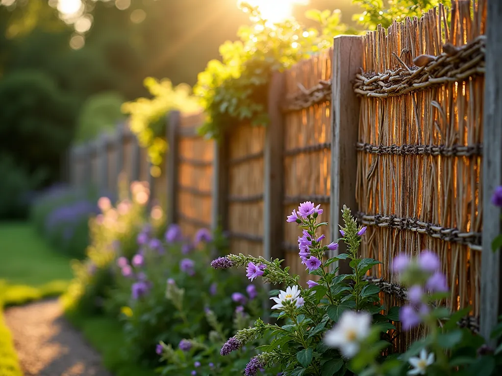 Rustic Woven Wattle Garden Fence - A golden hour photograph of a charming rustic garden boundary featuring handwoven wattle fence panels, crafted from intertwined hazel and willow branches in a traditional lattice pattern. The warm evening sunlight filters through the natural gaps in the weaving, casting delicate shadows on a winding garden path below. Native climbing roses and clematis begin to embrace the biodegradable fence, while a mixed cottage garden border of foxgloves, delphiniums, and lavender softens its base. Shot at f/2.8 with a dreamy depth of field, emphasizing the intricate texture of the woven branches against a bokeh background of green foliage. The temporary wooden posts supporting the panels are partially visible, weathered to a natural grey patina.