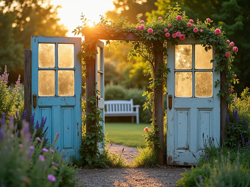 Vintage Door Garden Screen at Sunset - A charming garden scene at golden hour featuring three weathered vintage doors in varying styles - Victorian, farmhouse, and cottage - mounted between rustic wooden posts as temporary garden screens. The doors, some with peeling pastel paint and original brass hardware, create an enchanting boundary between a cottage garden and seating area. Climbing roses and morning glory vines weave through the doors' panels, while lavender and salvias bloom at their base. The warm sunset light filters through the doors' glass panels, casting romantic shadows across a gravel path. Shot from a wide angle to showcase the full installation, with soft bokeh effect in the background highlighting a cozy garden bench.