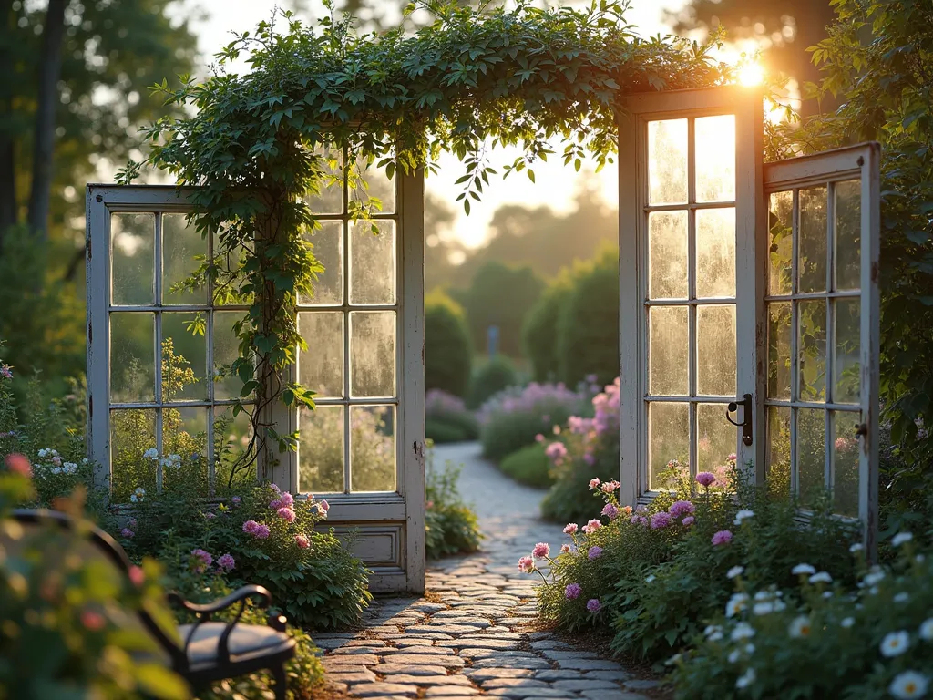 Vintage Window Frame Garden Screen - A stunning garden vignette at golden hour showing an artistic temporary fence made from interconnected antique window frames. The frames, in varying sizes and styles, feature a mix of clear and soft blue stained glass panels. Climbing jasmine and delicate morning glories weave through the frames, creating a romantic, ethereal boundary. Soft evening light filters through the glass, casting colored shadows on a cobblestone garden path. The fence separates a cozy seating area with vintage garden furniture from a flowering perennial garden. The weathered white paint on the frames adds to the rustic, shabby-chic aesthetic. Shot from a 45-degree angle to showcase both the architectural details and the garden setting, with subtle bokeh effect in the background.