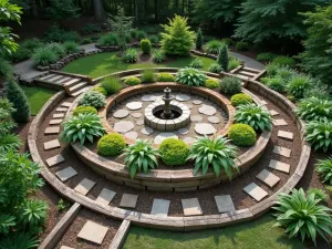 Aerial Woodland Tiered Garden - Drone view of a multi-level woodland garden showing circular tiers created with natural logs, featuring a central bird bath and radiating paths of stepping stones through beds of various shade plants