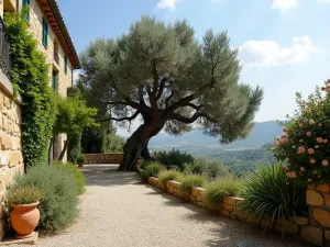 Ancient Olive Terrace - Wide-angle view of terraced garden featuring gnarled ancient olive tree as focal point, surrounded by gravel and Mediterranean herbs, stone retaining walls with climbing vines, terracotta urns