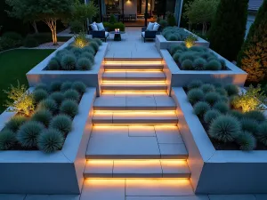 Angular Concrete Garden Platforms - Aerial view of asymmetrical polished concrete garden tiers in varying heights, with integrated LED strip lighting. Structured plantings of blue fescue and echeveria in contemporary containers. Twilight atmosphere.