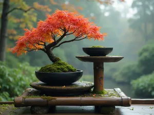 Asian-Inspired Bamboo Stand - Wide shot of a zen-like tiered bamboo stand with black ceramic containers, featuring Japanese maples and moss, morning mist adding atmosphere