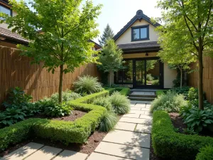 Asian-Inspired Tiers - Wide angle view of a Japanese-inspired tiered garden with dwarf fruit trees, Asian greens, and bamboo screens, incorporating zen elements with productivity