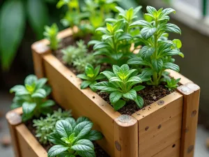 Bamboo Tiered Herb Display - Close-up of sustainable bamboo tiered planters with Japanese design influence, featuring compact herb varieties and integrated water collection system