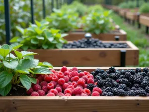 Berry Tier Close-up - Detailed view of a dedicated berry tier showing raspberries, blackberries, and blueberries in raised beds with automated irrigation system visible