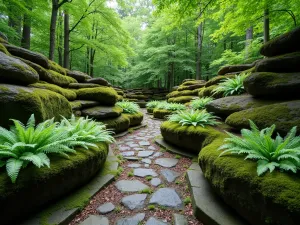 Boulder-Edged Woodland Tiers - Wide-angle view of dramatic tiered garden beds edged with large moss-covered boulders, planted with Japanese painted ferns and variegated hostas, creating a peaceful woodland scene