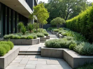 Brutalist Garden Platforms - Wide-angle shot of brutalist-inspired concrete garden tiers with sharp angles and deep shadows. Planted with vertical snake plants and horizontal spreading sedum.