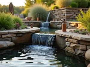 Cascading Water Terrace - Close-up of small water feature cascading down natural stone walls between terraces, surrounded by Mediterranean plants, copper water spouts, evening light