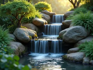 Cascading Waterfall Tiers - Photorealistic cascading waterfall with three stone tiers in a garden setting, water flowing over natural rock formations, surrounded by Japanese forest grass and ferns, evening lighting creates a soft glow on the water