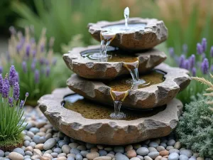 Coastal Garden Falls - Close-up of coastal-inspired tiered water feature with weathered driftwood accents, beach pebbles, surrounded by ornamental grasses and sea lavender, soft morning mist