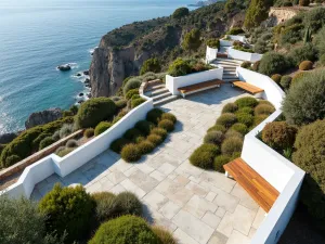 Coastal Mediterranean Tiers - Aerial view of coastal terraced garden with white-washed walls, blue sea views, drought-tolerant plants in geometric patterns, built-in bench seating, natural stone pathways