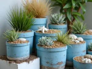 Coastal Style Container Tiers - Close-up of weathered blue and white containers arranged in tiers, featuring coastal plants and grasses, with beach-inspired decorative elements