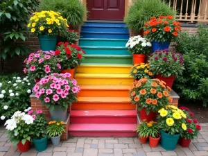 Colorful Staircase Display - Aerial view of a rainbow-colored container arrangement on outdoor stairs, mixing bright ceramic pots with annual flowers, creating a vibrant cascade effect